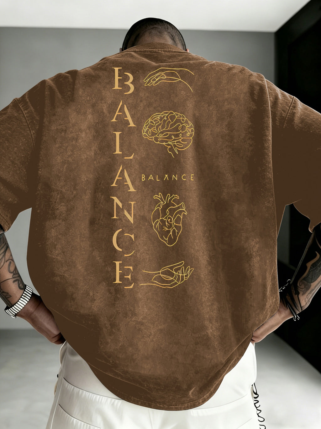 Men'S Distressed BALANCE Balance Print T-Shirt, Regular Casual Round Neck Short Sleeve, Minimalist Niche Trendy Top - Coffee Color
