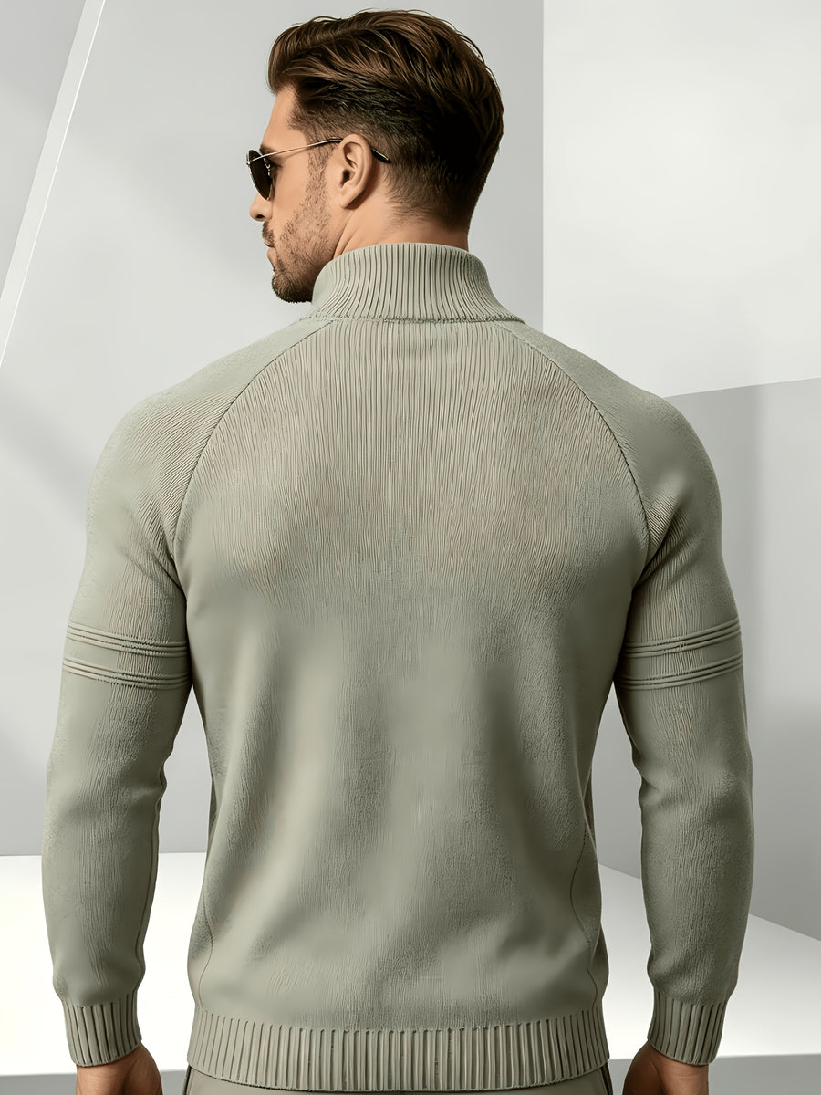 Business-casual Men's Half-zip Knit Pullover, Raglan Sleeve Textured Fabric with Ribbed Cuffs, Loose-fit Sweater, Suitable for Daily Wear, Office, and Weekend Outings in Autumn and Winter - Dark Khaki