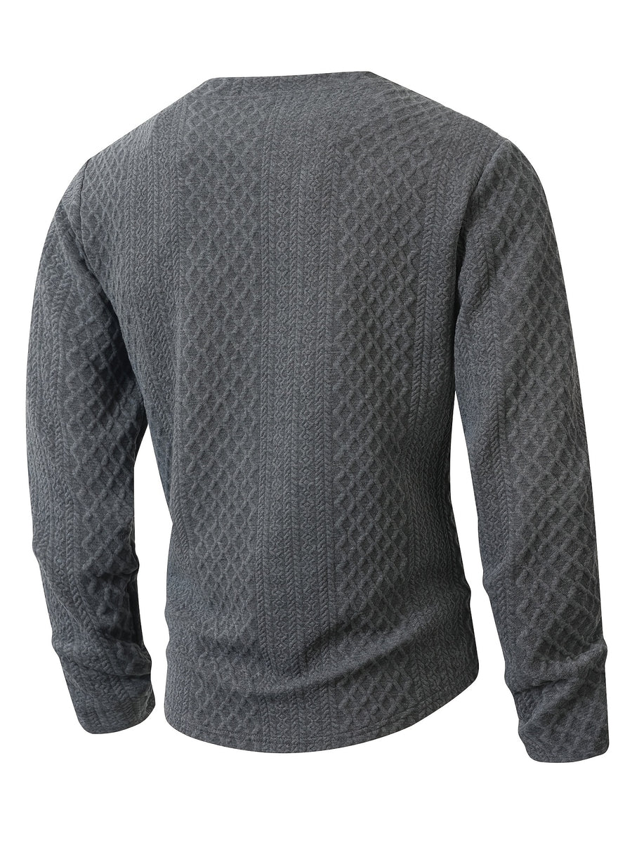 Josh Mei's Selection: Henley Collar Shirt, 2026 Autumn/Winter European and American Style Men's Casual Jacquard Crew Neck Long Sleeve Pullover Sweater Short Sleeve - Dark Gray