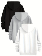 3pcs Urban Element Print Sweatshirt, Men's Casual Hooded Sweatshirt, Long-sleeve Pullover, Slight Stretch, Knitted Polyester Fabric, Regular Men's Hoodie - Black+light Gray+white