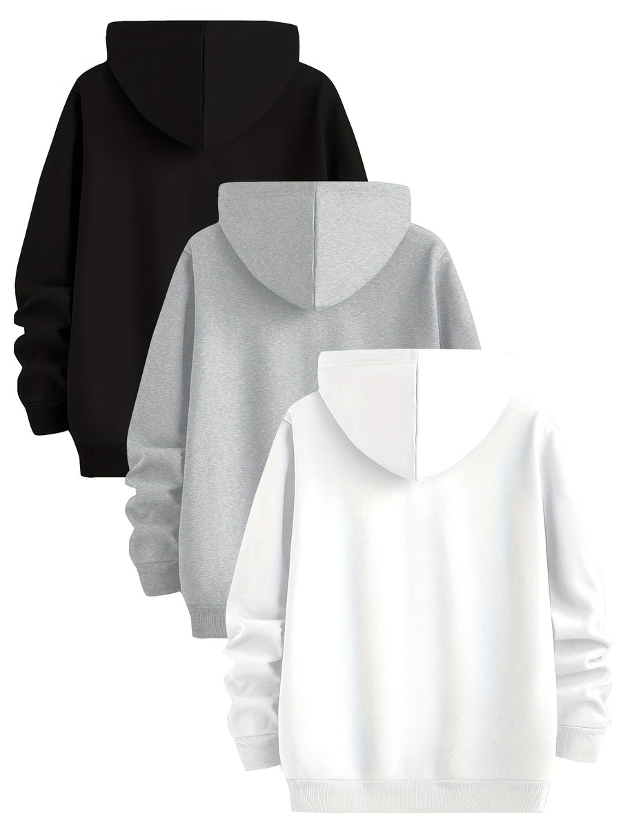 3pcs Urban Element Print Sweatshirt, Men's Casual Hooded Sweatshirt, Long-sleeve Pullover, Slight Stretch, Knitted Polyester Fabric, Regular Men's Hoodie - Black+light Gray+white