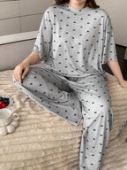 Women's Plus Size Butterfly Print Top and Pants Pajama Set - Light Grey