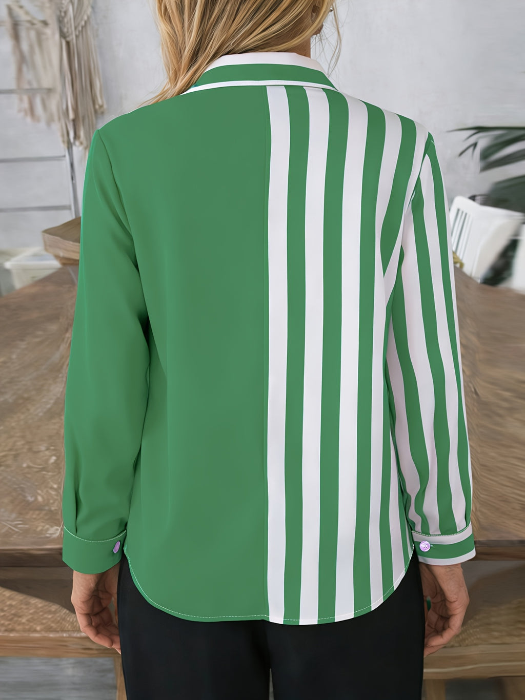 Fashion Women'S Clothing, Striped Lapel Shirt, Women'S Long Sleeve Striped Pocket Commuter Temperament Top - Green