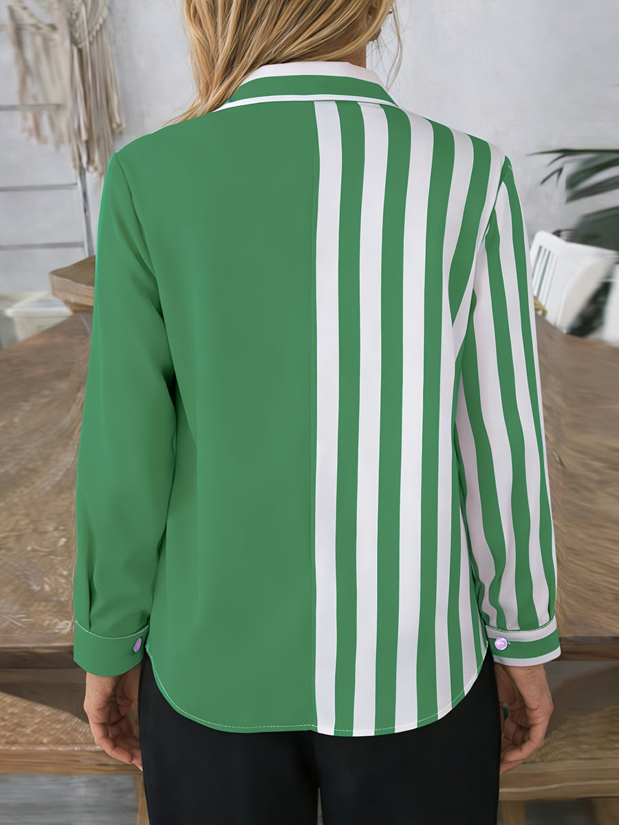 Fashion Women'S Clothing, Striped Lapel Shirt, Women'S Long Sleeve Striped Pocket Commuter Temperament Top - Green