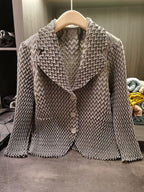 Women's Chevron Pleated Lapel Long Sleeve Cardigan, Oversized Lapel Single Breasted Buttons High Elastic Loose Versatile Commuter Pleated Jacket - Grey