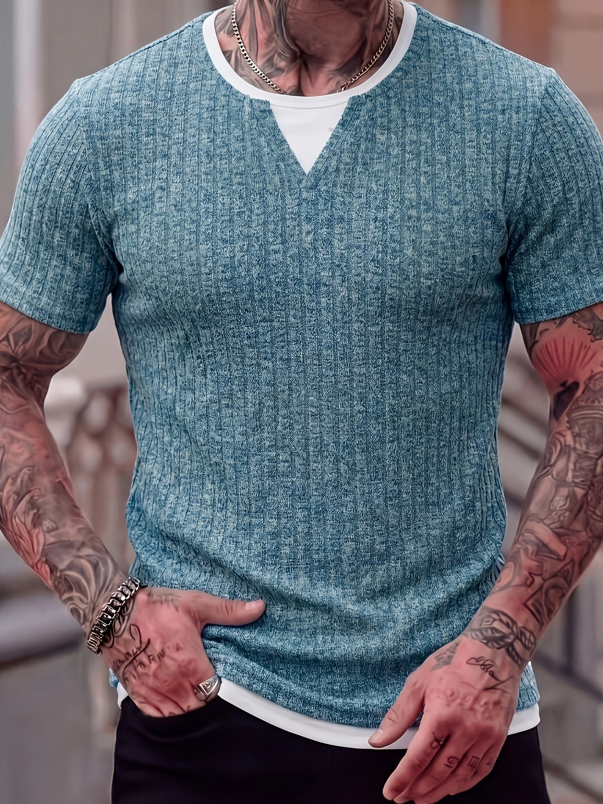 Men'S Fashion Men'S Top, Spring Summer Casual Trendy Ribbed Texture Fabric Fake Two-Piece Contrast Round Neck Short Sleeve Men'S Henley Shirt - Powder blue