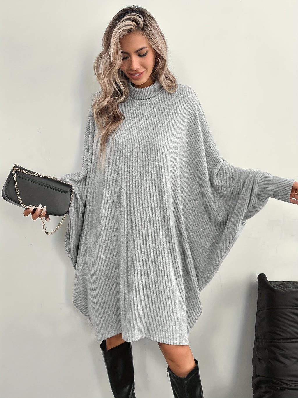 Women's Solid Color High Neck Batwing Sleeve Dress - Light Grey