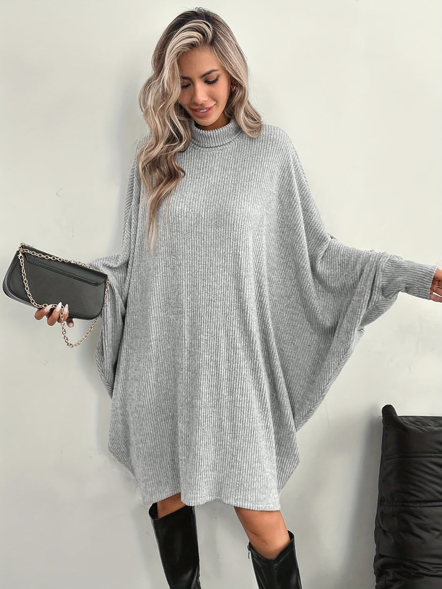 Women's Solid Color High Neck Batwing Sleeve Dress - Light Grey