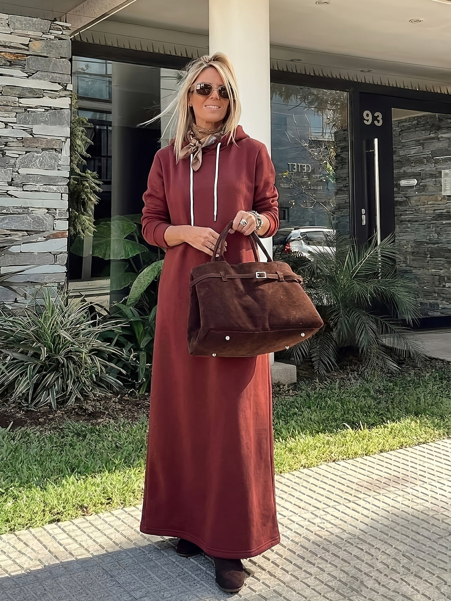 Plus Size - Women'S Autumn And Winter New Style Plus Velvet Thickened Sweatshirt Dress, Women'S Over-The-Knee Long Loose Hooded Dress - The color of rouge