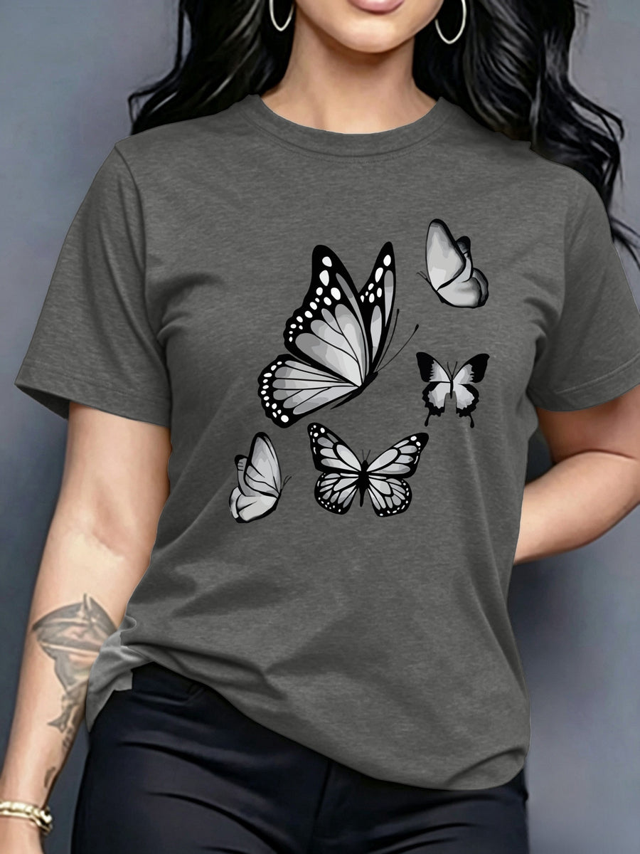 Spring And Summer Trendy Butterfly Print Women'S Casual Fashion Round Neck Short Sleeve T-Shirt, a Stylish Top for - Dark Gray