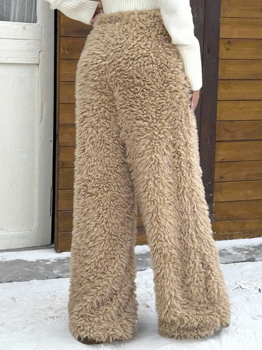 Women'S Solid Color Plush Comfortable Warm Autumn And Winter Home Y2K Casual Fluffy Wide-Leg Pants - Tawny