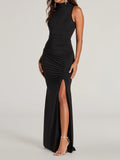 1pc Elegant High Neck Sleeveless Mermaid Dress for Women, Solid Color Knit Polyester Evening Gown with Side Slit, Bridal Party Attire - Black