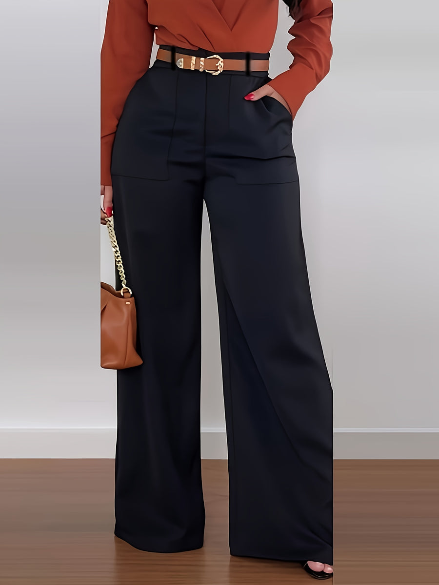 Women'S Trousers, Solid Color High Waist Wide Leg Casual Elegant Trousers (No Belt) + [Ta Lan] - Black
