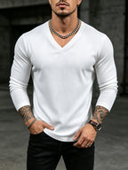 Mens V-Neck Long Sleeve Tshirt Ribbed Knit Stretch Slim Fit Casual Date Work Daily Fall Top - White