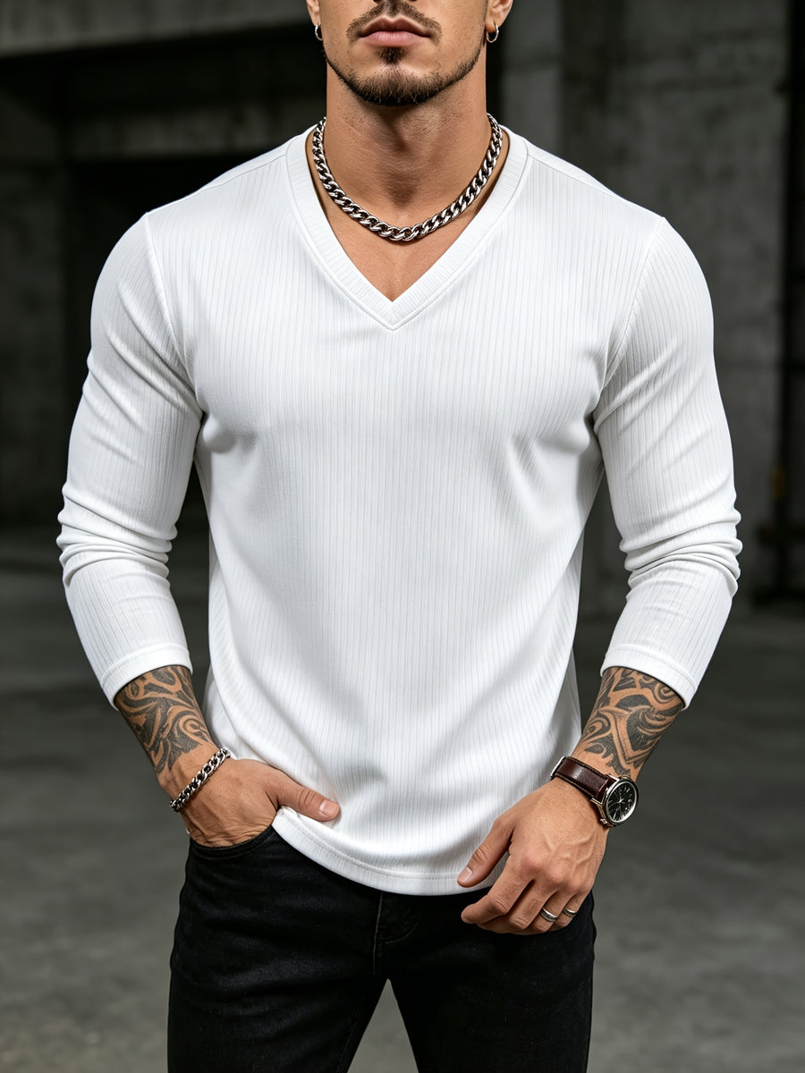 Mens V-Neck Long Sleeve Tshirt Ribbed Knit Stretch Slim Fit Casual Date Work Daily Fall Top - White