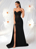 Tube Top with Small V-Neck, Mesh Panel, Sheer Long Ribbon, Slit, and Back Tie for Prom, Party, Formal Dress, Graduation Ball, Birthday Party, Evening Date, Back-to- Party, Wedding Guest, and Formal Dinner - Black