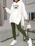 Lettering graphic print hoodie, slit drawstring casual hoodie for winter and autumn, Women's - White