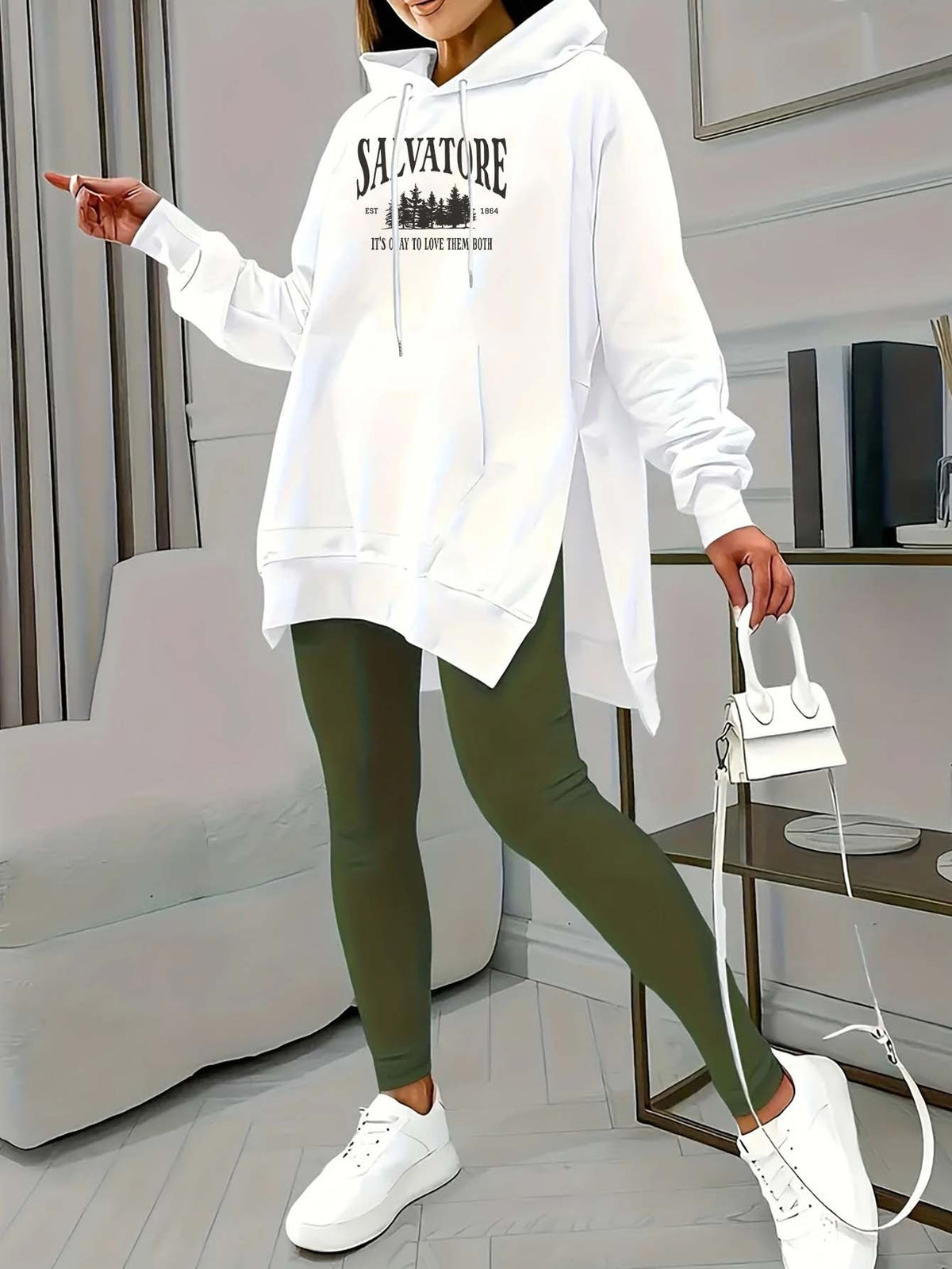 Lettering graphic print hoodie, slit drawstring casual hoodie for winter and autumn, Women's - White