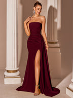 Women's Elegant High-Waisted Slit Long Ribbon Backless Tie Dress for Graduation Party - Burgundy