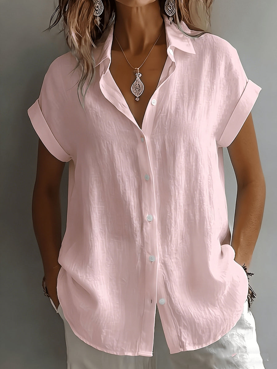 Women's Relaxed Holiday Style Micro-Wrinkle Textured Lapel Short-Sleeve Shirt, Loose Open Front Single-Breasted Drop Shoulder Fit, Casual Rolled Hem Short Sleeve V-Neck Open-Wear Design, Natural Breathable Dry Skin-Friendly Textured Fabric - Pink Color