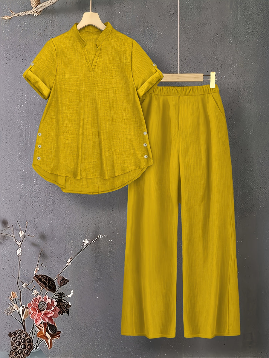 New V-neck Button-detail Short-sleeve Top with Elastic Waist and Side Slant Pockets Women's Set - Lemon Yellow