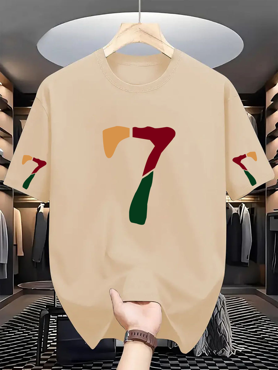 Men'S Casual Classic Sleeve Print T-Shirt with Text, Round Neck Comfortable Polyester Fabric, Stylish Streetwear for Daily Wear, Men'S Fashion - Apricot