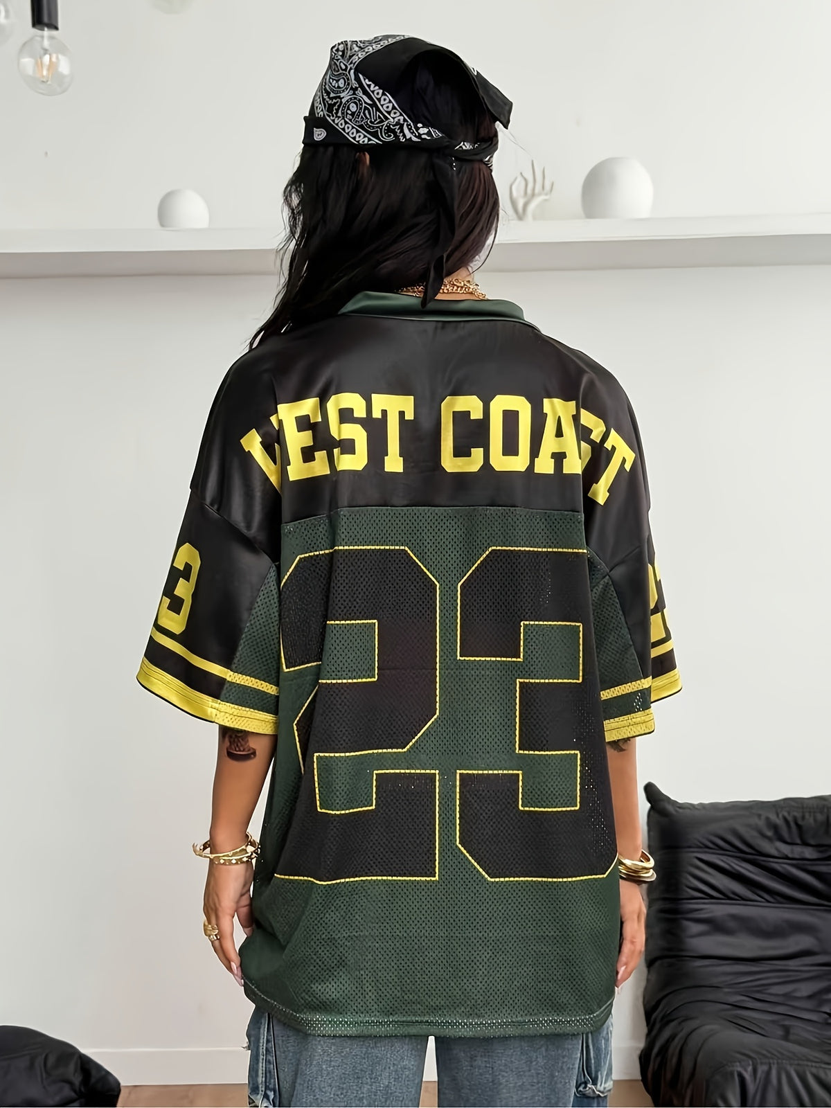 Coolane Women's Spring/Summer Festival Outing Vintage Y2K Digital Print Baseball Jacket Black Jersey T-Shirt - Olive Green