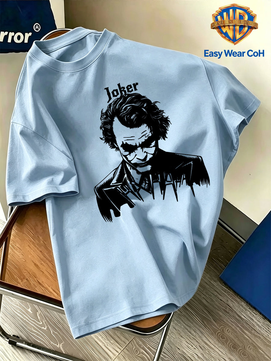 Warner Official Licensed Men'S New Front Back Print Round Neck Short Sleeve T-Shirt, Hand-Drawn Sketch Style Joker JOKER Black And White Sketch HA HA Laughing Element Line Print Design, Breathable Skin-Friendly Soft Fabric - Light Blue
