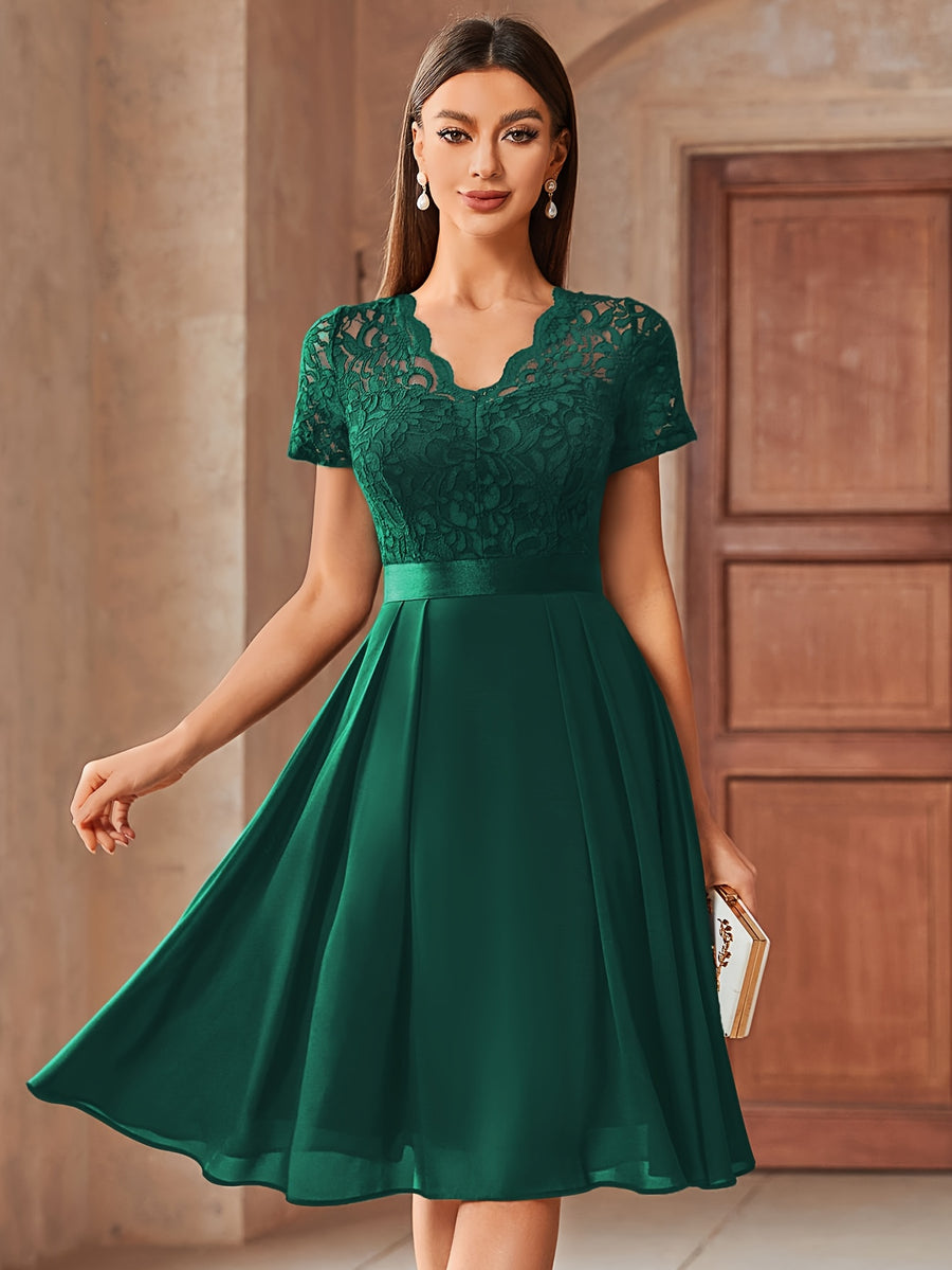 Women's Elegant Lace V-Neck Short Sleeve Chiffon A-Line Wedding Party Short Dress - Dark Green