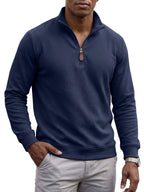 Men's Casual Half-Zip Sweatshirt, Waffle Knit Fabric, Comfortable and Breathable, Versatile for Spring and Autumn, Suitable for Outings and Vacations, an Essential for Daily Wear - Navy Color