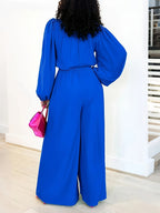 [Nian Nian] Western Style Solid Color Lapel Jumpsuit, Lantern Sleeve Waist Tie Design, High-Waist Flowing Wide-Leg Casual Women'S Overalls - Blue