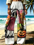 Women'S Casual Wide-Leg Pants, Halloween Ghost Pumpkin Print, Suitable for Women Who Love Playful Style, Ideal for Holiday Gatherings, Beach Vacations. [Print Design - No Texture] - Mixed colors