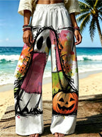 Women'S Casual Wide-Leg Pants, Halloween Ghost Pumpkin Print, Suitable for Women Who Love Playful Style, Ideal for Holiday Gatherings, Beach Vacations. [Print Design - No Texture] - Mixed colors