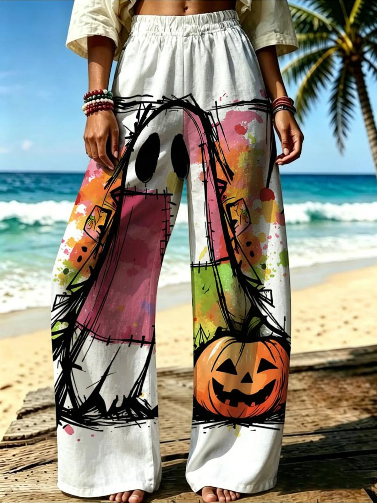 Women'S Casual Wide-Leg Pants, Halloween Ghost Pumpkin Print, Suitable for Women Who Love Playful Style, Ideal for Holiday Gatherings, Beach Vacations. [Print Design - No Texture] - Mixed colors