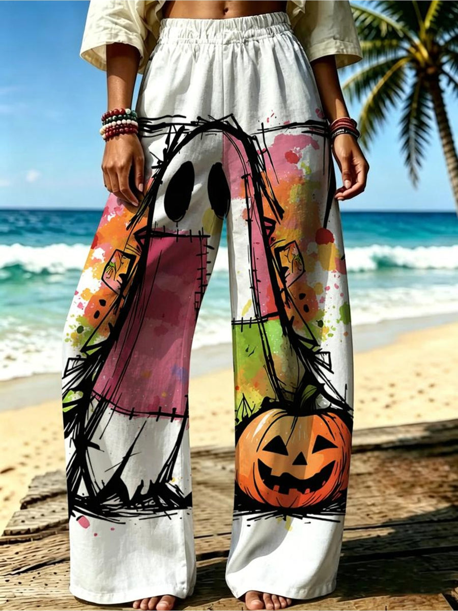 Women'S Casual Wide-Leg Pants, Halloween Ghost Pumpkin Print, Suitable for Women Who Love Playful Style, Ideal for Holiday Gatherings, Beach Vacations. [Print Design - No Texture] - Mixed colors