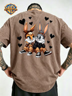 Cartoon Couple Rabbit Heart Front Back Print Washed Distressed T-Shirt, Men'S 100% Fabric, Casual Comfortable Style, Loose Fit Breathable Short Sleeve Men'S Casual Top, Distressed Washed Loose Fit - Khaki