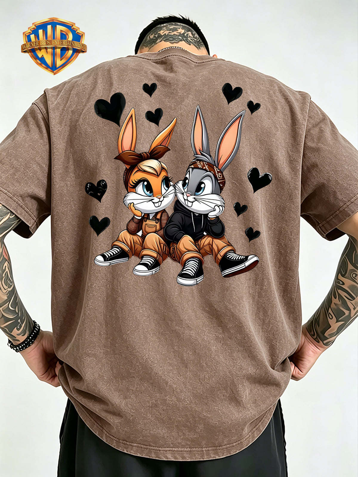 Cartoon Couple Rabbit Heart Front Back Print Washed Distressed T-Shirt, Men'S 100% Fabric, Casual Comfortable Style, Loose Fit Breathable Short Sleeve Men'S Casual Top, Distressed Washed Loose Fit - Khaki