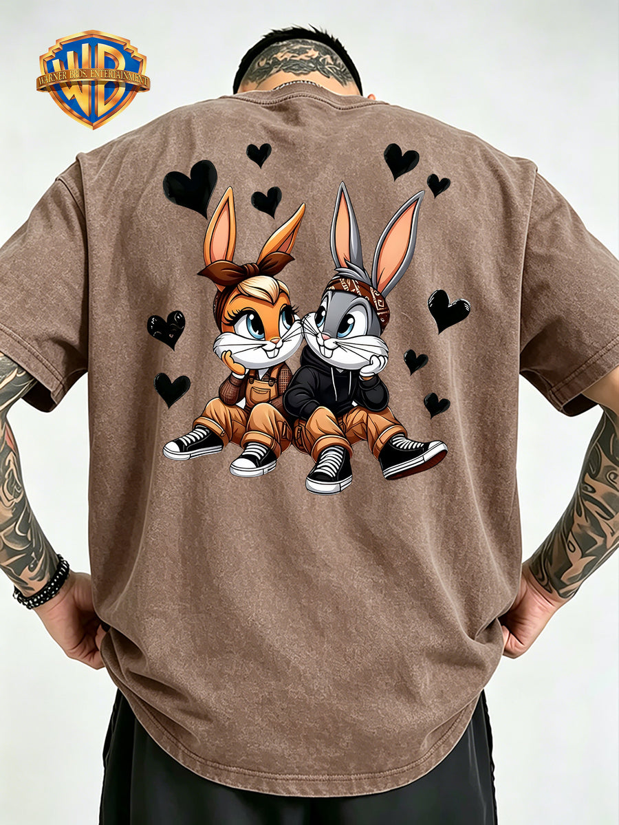 Cartoon Couple Rabbit Heart Front Back Print Washed Distressed T-Shirt, Men'S 100% Fabric, Casual Comfortable Style, Loose Fit Breathable Short Sleeve Men'S Casual Top, Distressed Washed Loose Fit - Khaki