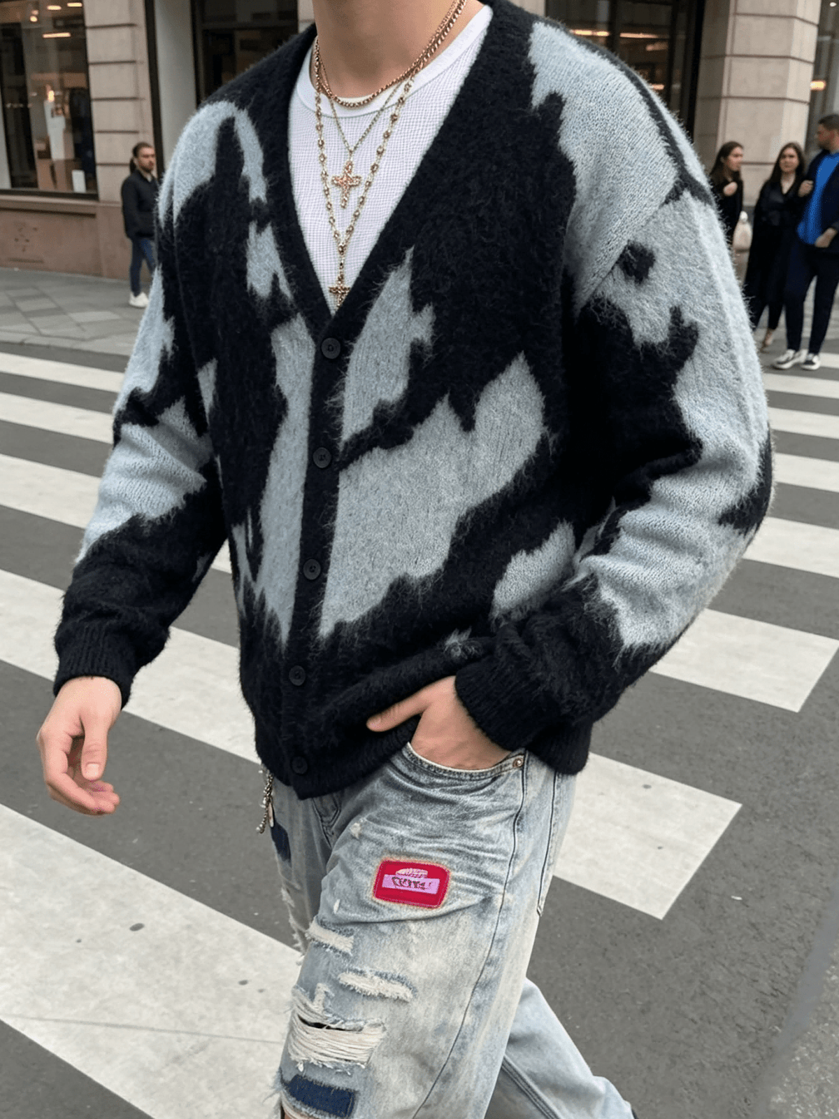 Men'S Open Cardigan Fashion Trendy Casual All-Match Daily Commute Home Button-Up V-Neck Long Sleeve Loose Ribbed Knit Jacket Sweater Autumn Winter Style - Black