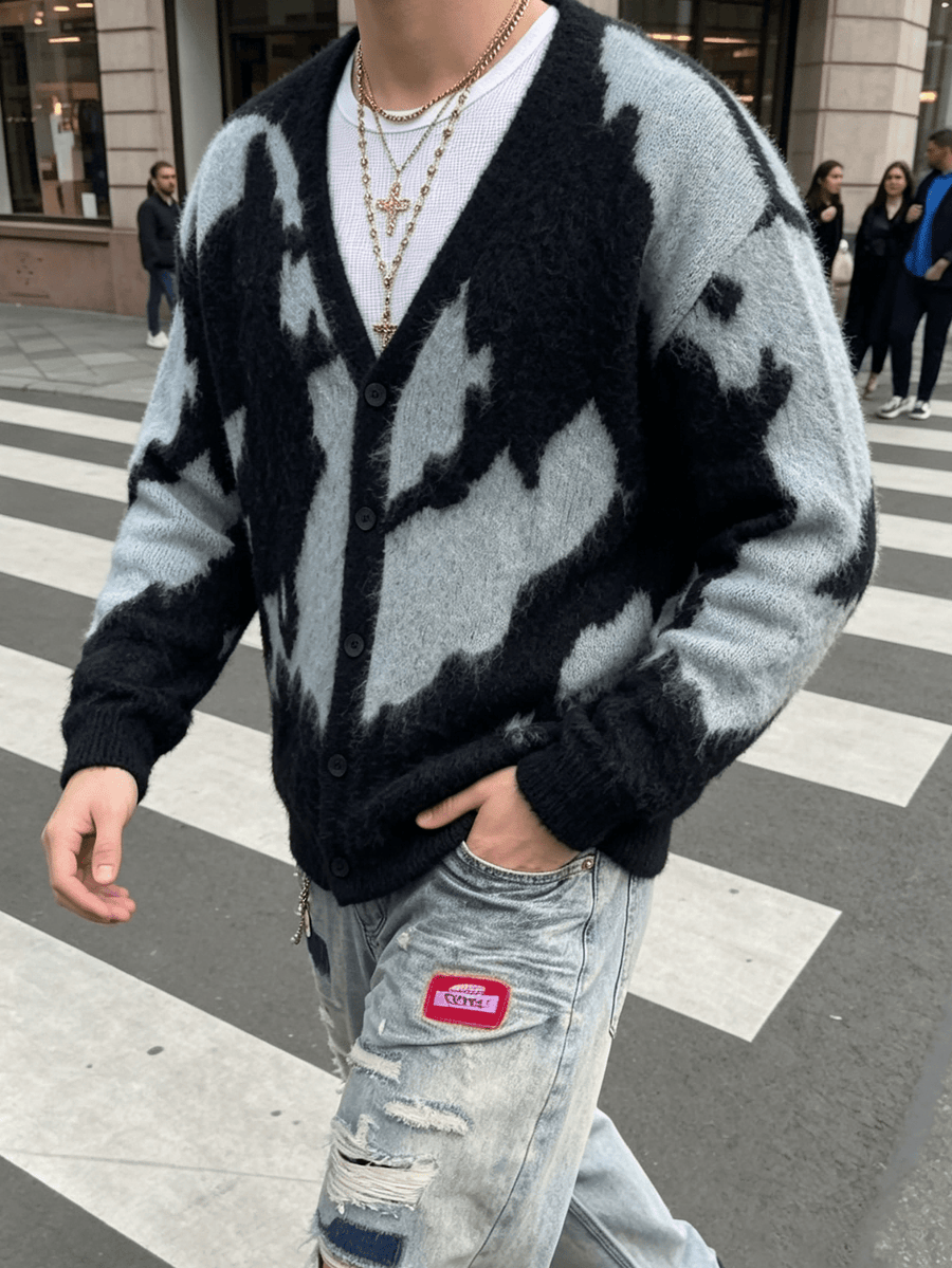 Men'S Open Cardigan Fashion Trendy Casual All-Match Daily Commute Home Button-Up V-Neck Long Sleeve Loose Ribbed Knit Jacket Sweater Autumn Winter Style - Black