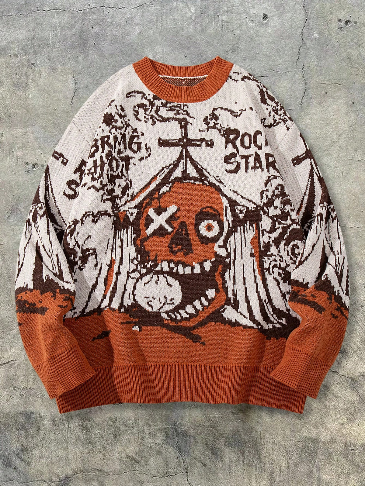 Halloween Skull Cross Unisex Sweater Fashion Casual Holiday Round Neck Long Sleeve Loose Ribbed Knit Pullover - Orange