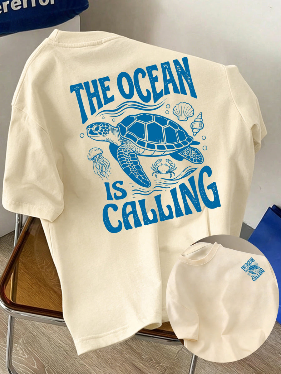 Men's New Style Pure Cotton Short Sleeve Crew Neck T-Shirt with "Ocean Call" Print, Suitable for Vacation, Leisure, Comfortable, Soft, Breathable, Summer Essential - Apricot