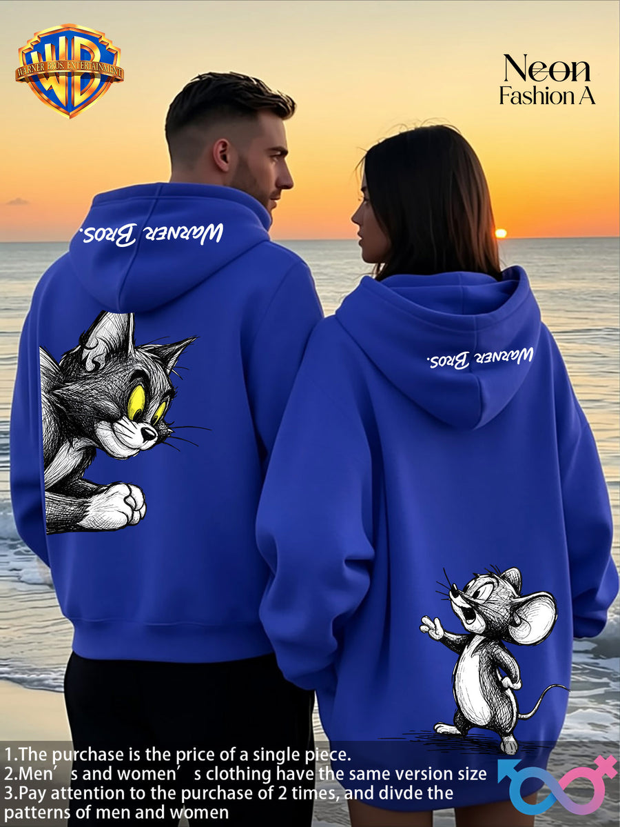 1pc Warner Bros. Cartoon Classic Couple's Sweatshirt, Unisex Long-Sleeve Top with Playful WB Anime Character Action Print on the Back, Trendy, Fashionable, Versatile, Streetwear, Comfortable, and Casual Outerwear, Chinese National Trend - Men's - Colorful Purple