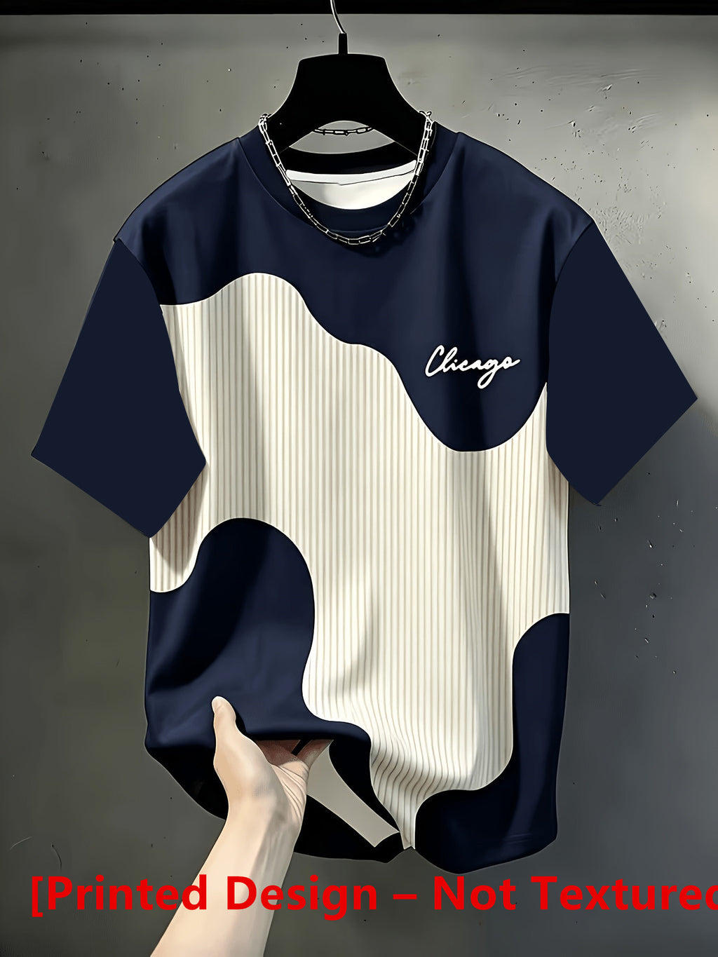 Printed Design Not Textured Needle-Eye Fabric Men's Casual Crew Neck T-Shirt, Geometric Pattern Patchwork Stripe Design, Chicago Word "Chicago" Graphic, Draping Fashion Top, All-Season Wear, Breathable Regular Fit for Daily and Formal Outfits - Multicolor 7