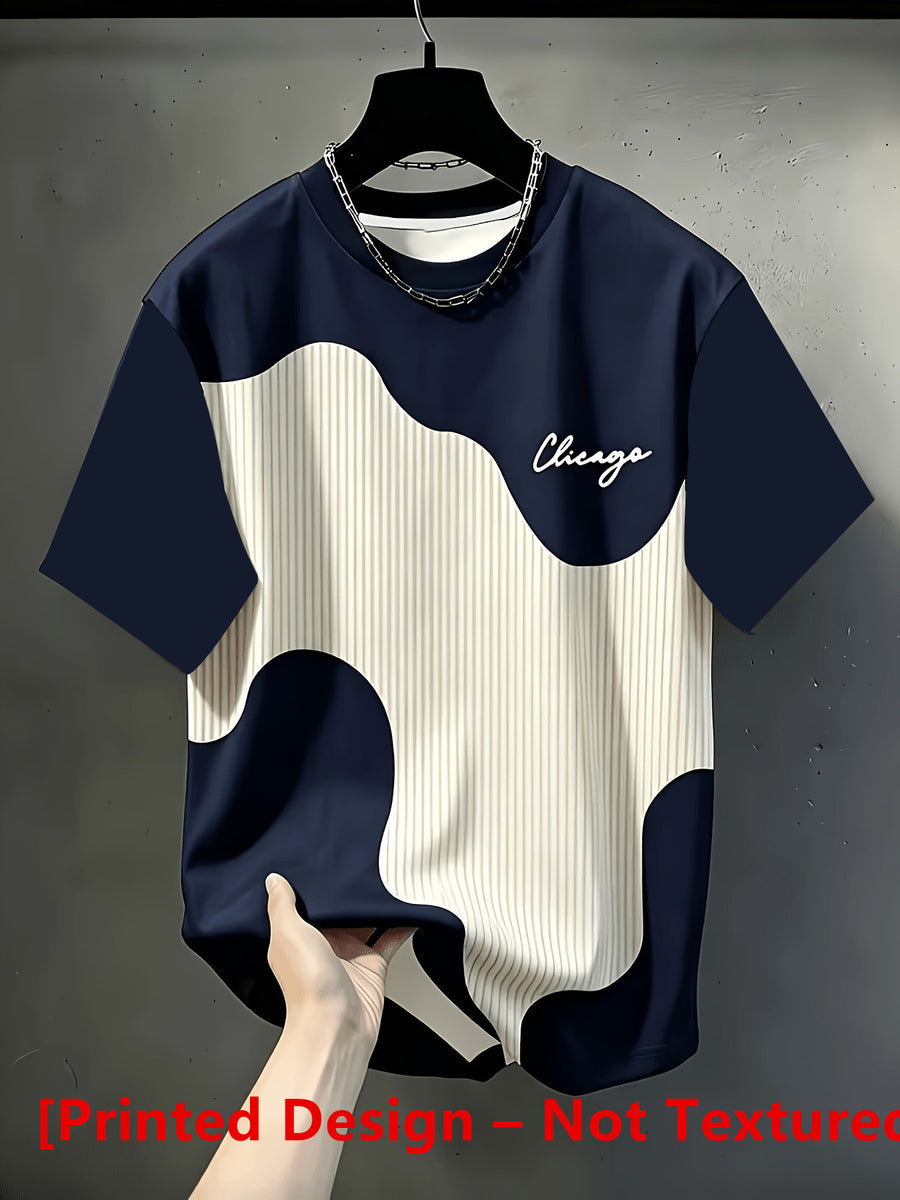 Printed Design Not Textured Needle-Eye Fabric Men's Casual Crew Neck T-Shirt, Geometric Pattern Patchwork Stripe Design, Chicago Word "Chicago" Graphic, Draping Fashion Top, All-Season Wear, Breathable Regular Fit for Daily and Formal Outfits - Multicolor 7