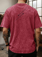 Men'S Heavyweight Washed T-Shirt Minimalist Airplane Line Art Print High Street Vintage Distressed Tee 2026 Summer Casual Urban Wear - Red