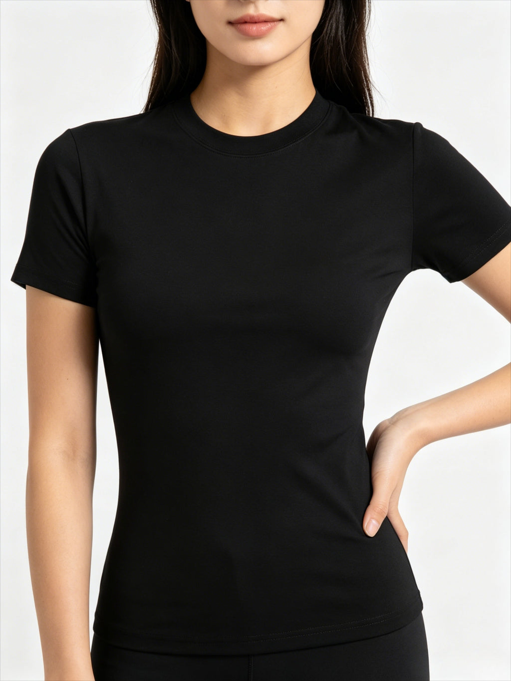 Women'S Casual Short Sleeve T-Shirt, Ladies Round Neck Slim Fit Inner Wear Bust-Enhancing Stretch Tight Solid Base Layer - Black