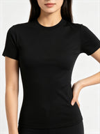 Women'S Casual Short Sleeve T-Shirt, Ladies Round Neck Slim Fit Inner Wear Bust-Enhancing Stretch Tight Solid Base Layer - Black