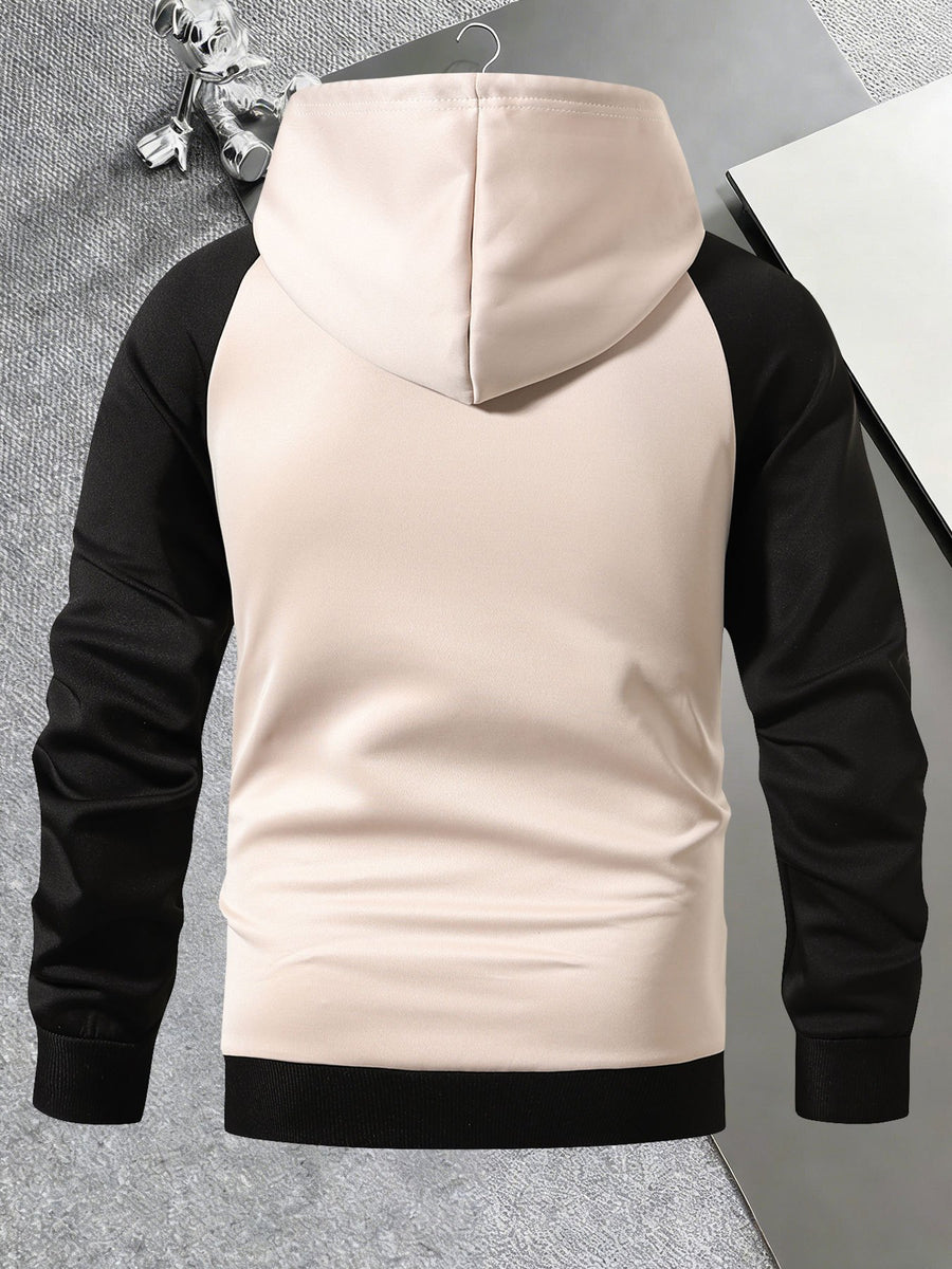 Men'S Trendy Spring Autumn Hooded Color-Block Jacket, Athletic Letter Print, Business Baseball Uniform Casual Hooded Jacket All-Match Top Two-Color Outerwear, Color-Block Jacket Shirt Hooded Coat - Apricot