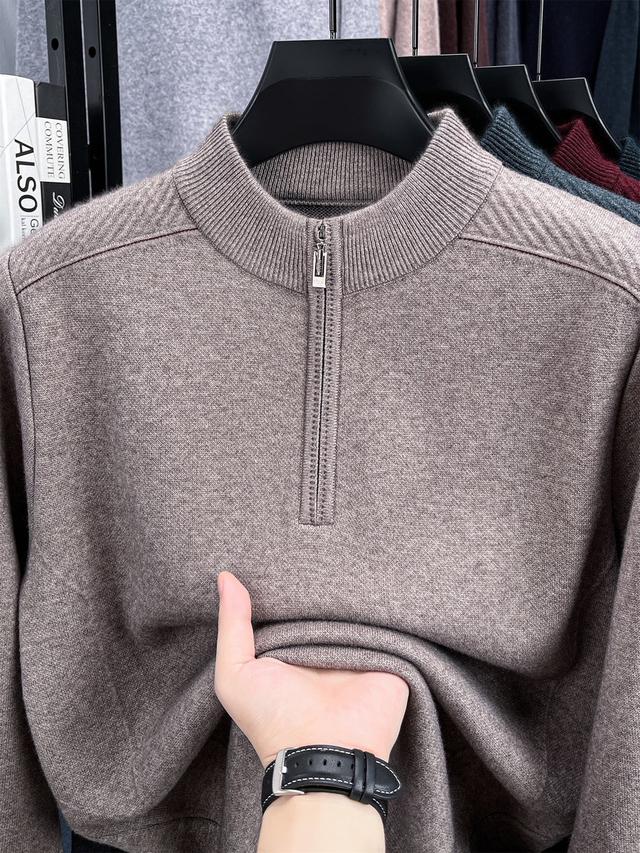 Autumn/Winter Knitted Solid Color Crew Neck Half-Zip Sweater, Basic Knit Pullover, Men's Fashion Long Sleeve Knitwear, QS - Beige Color